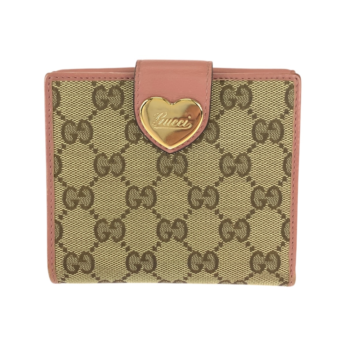 美品 GUCCI グッチ ハートロゴプレート ベージュ ピンク ゴールド金具 GGキャンバス レザー/ 折財布 コンパクトウォレット 600062 【中古】