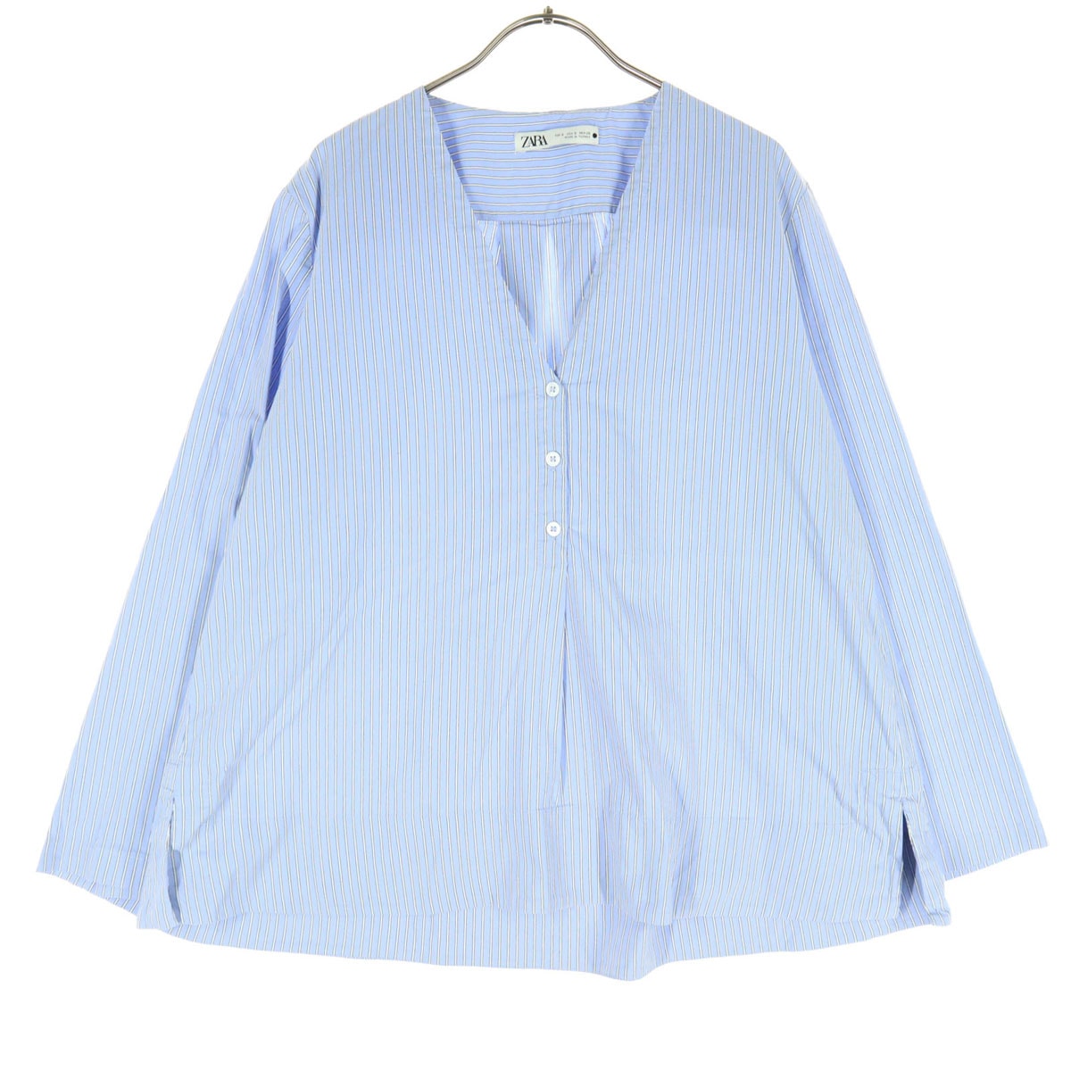 ZARA ザラ ストライプ柄 長袖 Vネック ノーカラーシャツ S ブルー