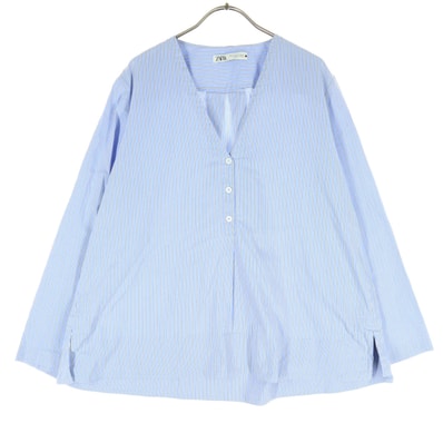 ZARA ザラ ストライプ柄 長袖 Vネック ノーカラーシャツ S ブルー