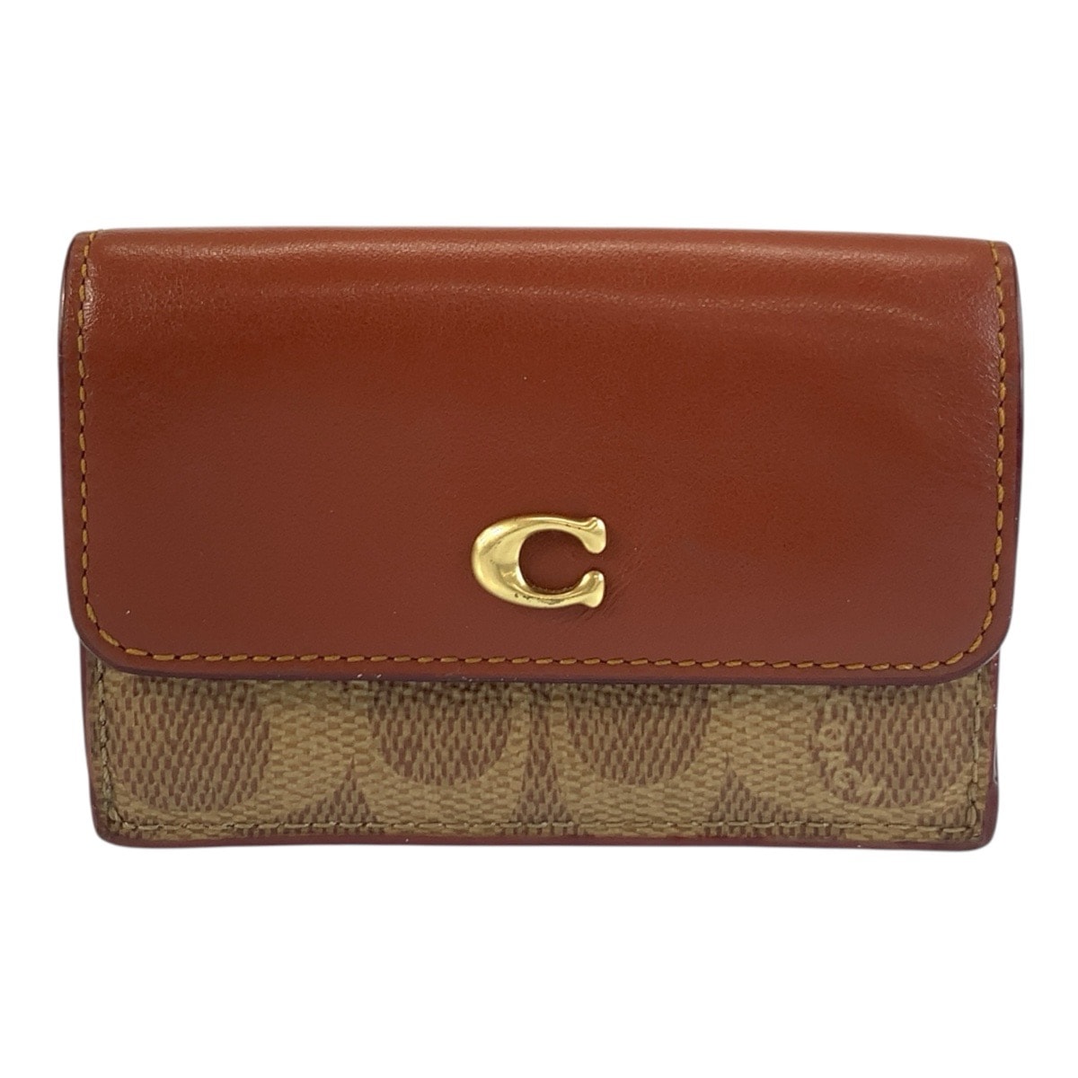 美品 COACH コーチ シグネチャー ミニ トライフォールド ブラウン ゴールド金具 PVC レザー/ 折り財布 コンパクトウォレット 603644 【中古】