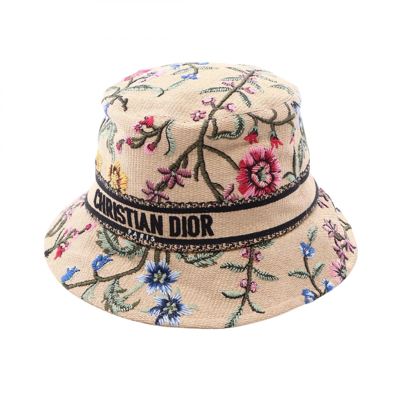 ディオール Dior D-Bobby フラワー刺繍 バケット ハット 帽子 コットン ナイロン レディース ベージュ系 / マルチカラー 【中古】