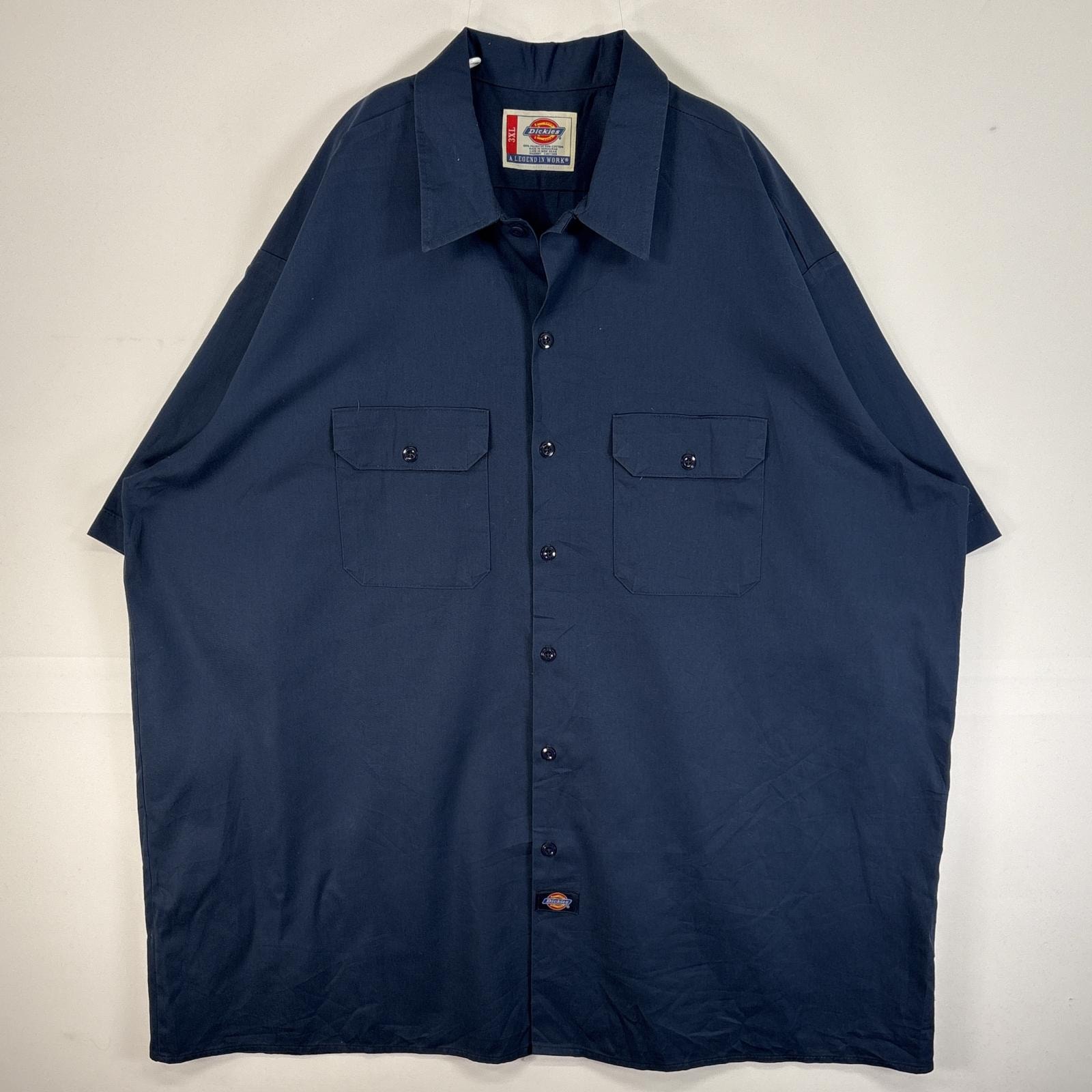 古着 ディッキーズ Dickies 半袖シャツ ワーク 作業着 フラップポケ 大きいサイズ ワンポイント ロゴ 3XL  ネイビー 無地 メンズ