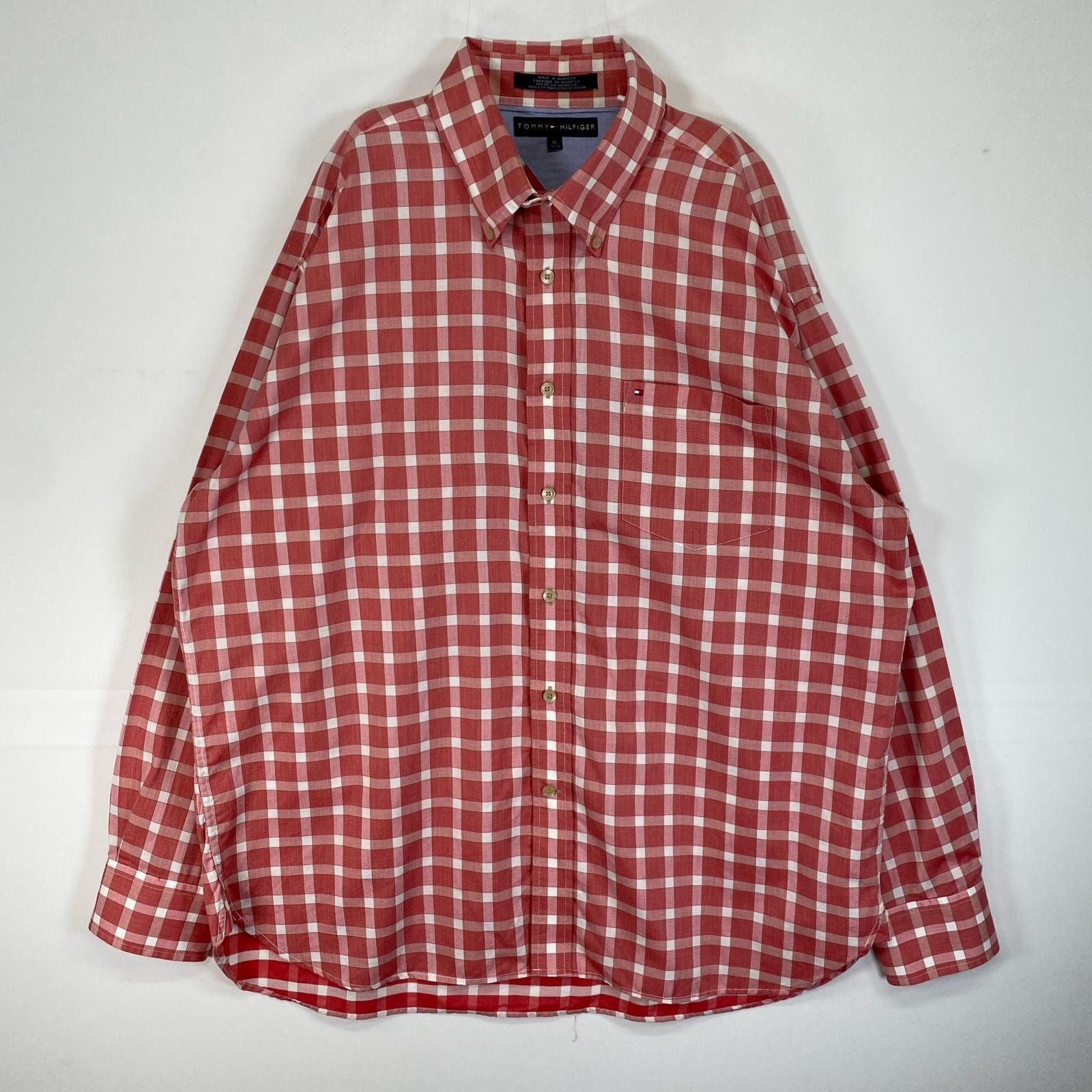 古着 トミーヒルフィガー TOMMY HILFIGER 長袖シャツ ロゴ 刺繍 大きいサイズ 胸ポケ インサイドアウト XL  レッド系 チェック メンズ