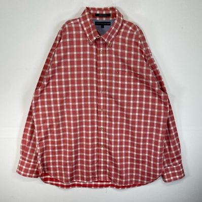 古着 トミーヒルフィガー TOMMY HILFIGER 長袖シャツ ロゴ 刺繍 大きいサイズ 胸ポケ インサイドアウト XL レッド系 チェック メンズ