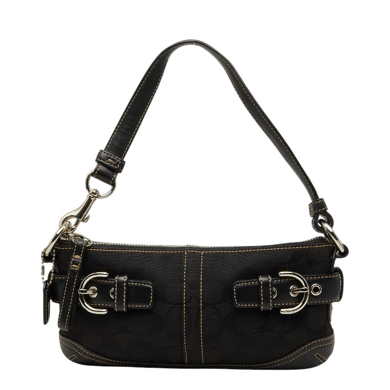 コーチ シグネチャー ワンショルダーバッグ ハンドバッグ ブラック キャンバス レザー レディース COACH 【中古】