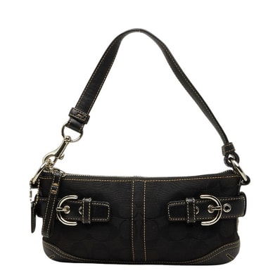 コーチ シグネチャー ワンショルダーバッグ ハンドバッグ ブラック キャンバス レザー レディース COACH 【中古】