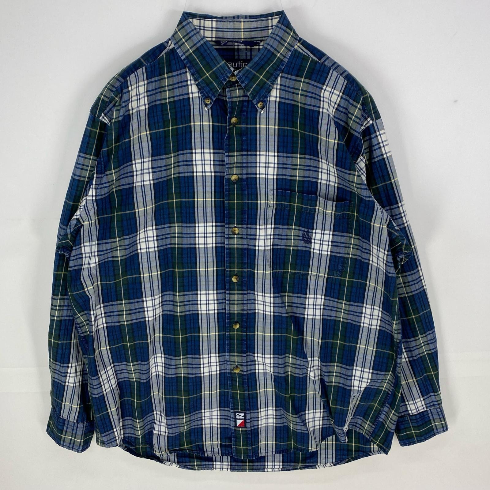 古着 90's/90年代 ノーティカ NAUTICA 長袖シャツ 刺繍ロゴ ワンポイント 胸ポケット L  ネイビー系 チェック メンズ