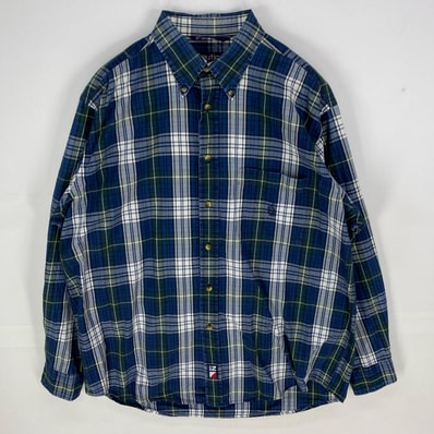 古着 90's/90年代 ノーティカ NAUTICA 長袖シャツ 刺繍ロゴ ワンポイント 胸ポケット L ネイビー系 チェック メンズ