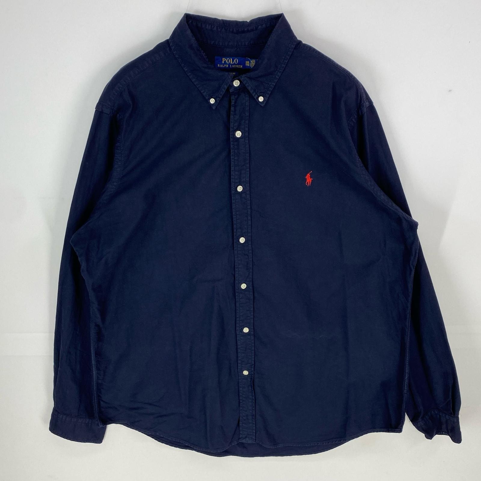 古着 ポロ・ラルフローレン POLO RALPH LAUREN 長袖シャツ ボタンダウン 刺繍ロゴ ワンポイント 大きいサイズ 2XL  ネイビー系 メンズ