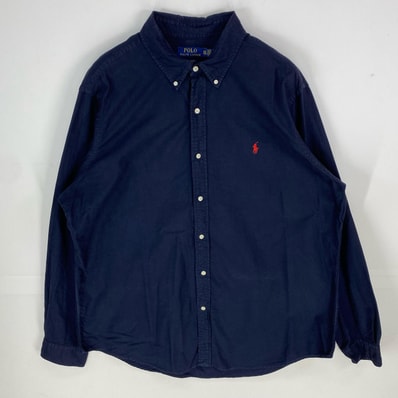 古着 ポロ・ラルフローレン POLO RALPH LAUREN 長袖シャツ ボタンダウン 刺繍ロゴ ワンポイント 大きいサイズ 2XL ネイビー系 メンズ