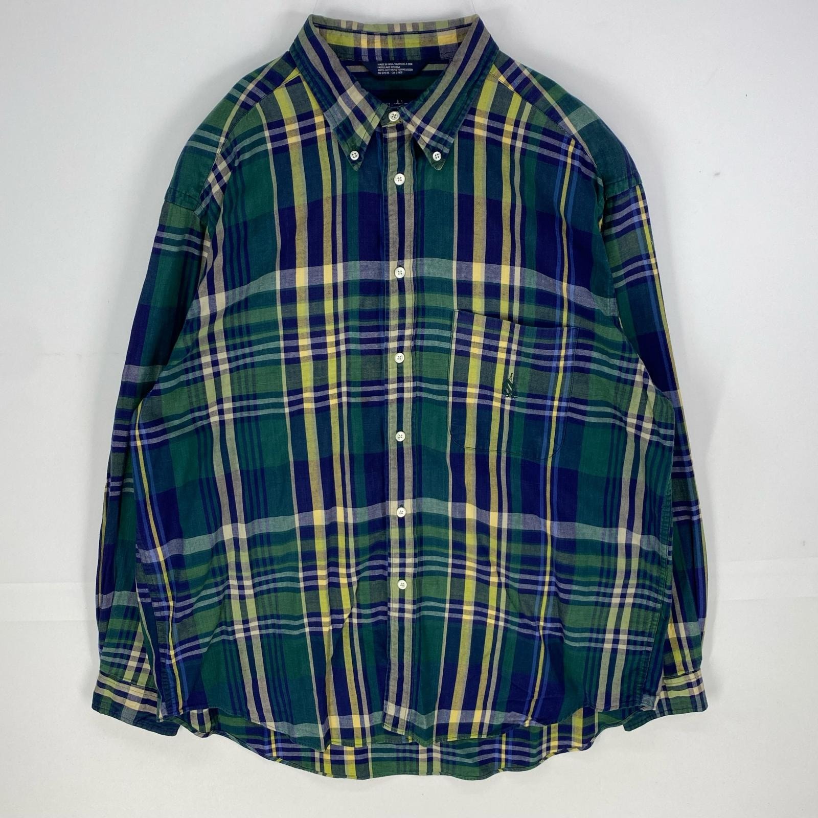 古着 90's/90年代 ノーティカ NAUTICA 長袖シャツ 胸ポケット ボタンダウン ロングスリーブ XL  グリーン系 チェック メンズ
