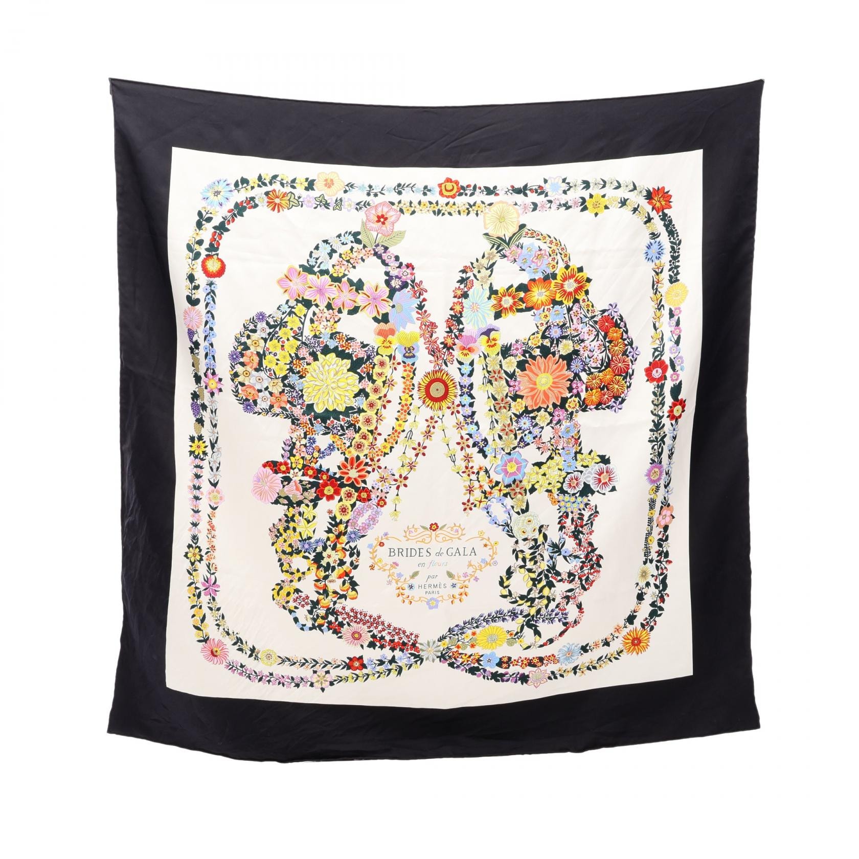 エルメス HERMES カレ90 Brides de Gala en Fleurs スカーフ 衣料品 シルク シルク レディース ブラック系 / ホワイト系 / マルチカラー 【中古】