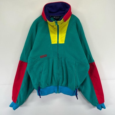 古着 コロンビア Columbia フリース ジャケット フルジップ ロゴ マルチカラー ワンポイント M グリーン系 メンズ