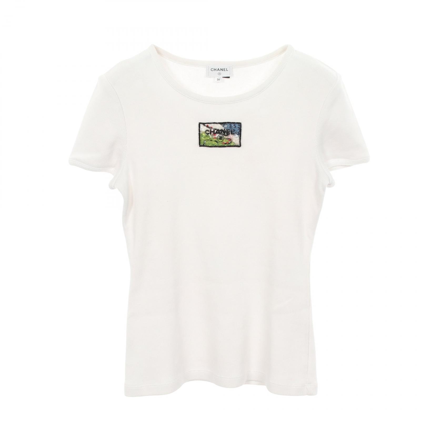 シャネル CHANEL ロゴ ビジュー刺繍 リブ 半袖Tシャツ 衣料品 トップス コットン レディース ホワイト系 【中古】