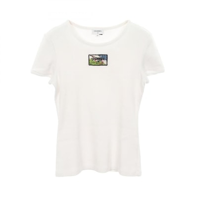 シャネル CHANEL ロゴ ビジュー刺繍 リブ 半袖Tシャツ 衣料品 トップス コットン レディース ホワイト系 【中古】