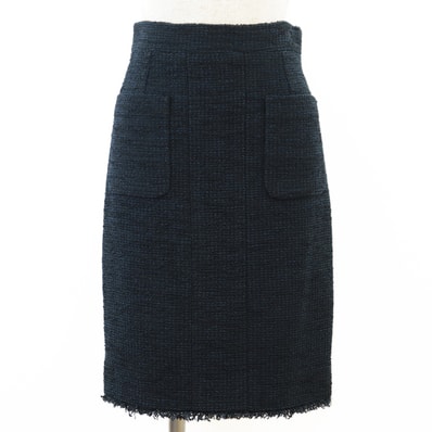 美品 シャネル P45116 コットン混 ツイード スカート レディース CHANEL シャネル スカート 2013年 P45116 コットン混 ツイード フロントポケット 裾フリンジ CCボタン 紺 黒 38 CHANEL