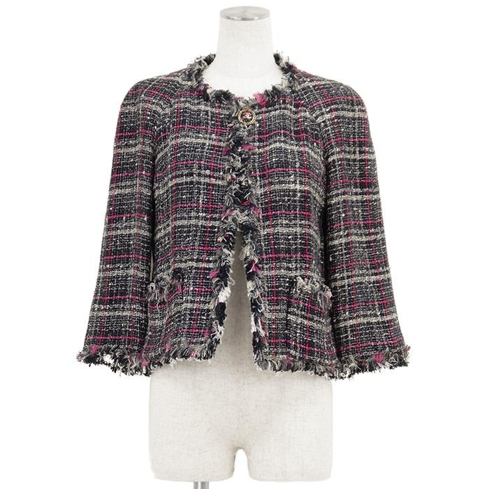 【美品】CHANEL シャネル ツイードジャケット サイズ 38 レディース 07P P30565 ノーカラー ロゴ COCOマーク ボタン 1B フリンジ アウター ネイビー マルチカラー 紺 フランス製 カール・ラガーフェルド期