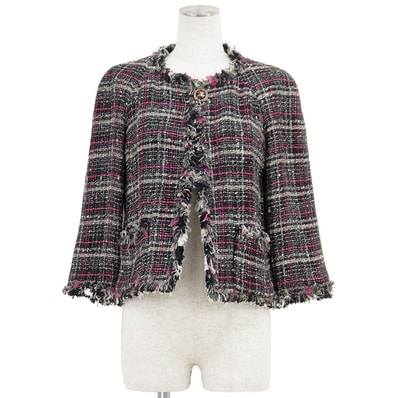 【美品】CHANEL シャネル ツイードジャケット サイズ 38 レディース 07P P30565 ノーカラー ロゴ COCOマーク ボタン 1B フリンジ アウター ネイビー マルチカラー 紺 フランス製 カール・ラガーフェルド期