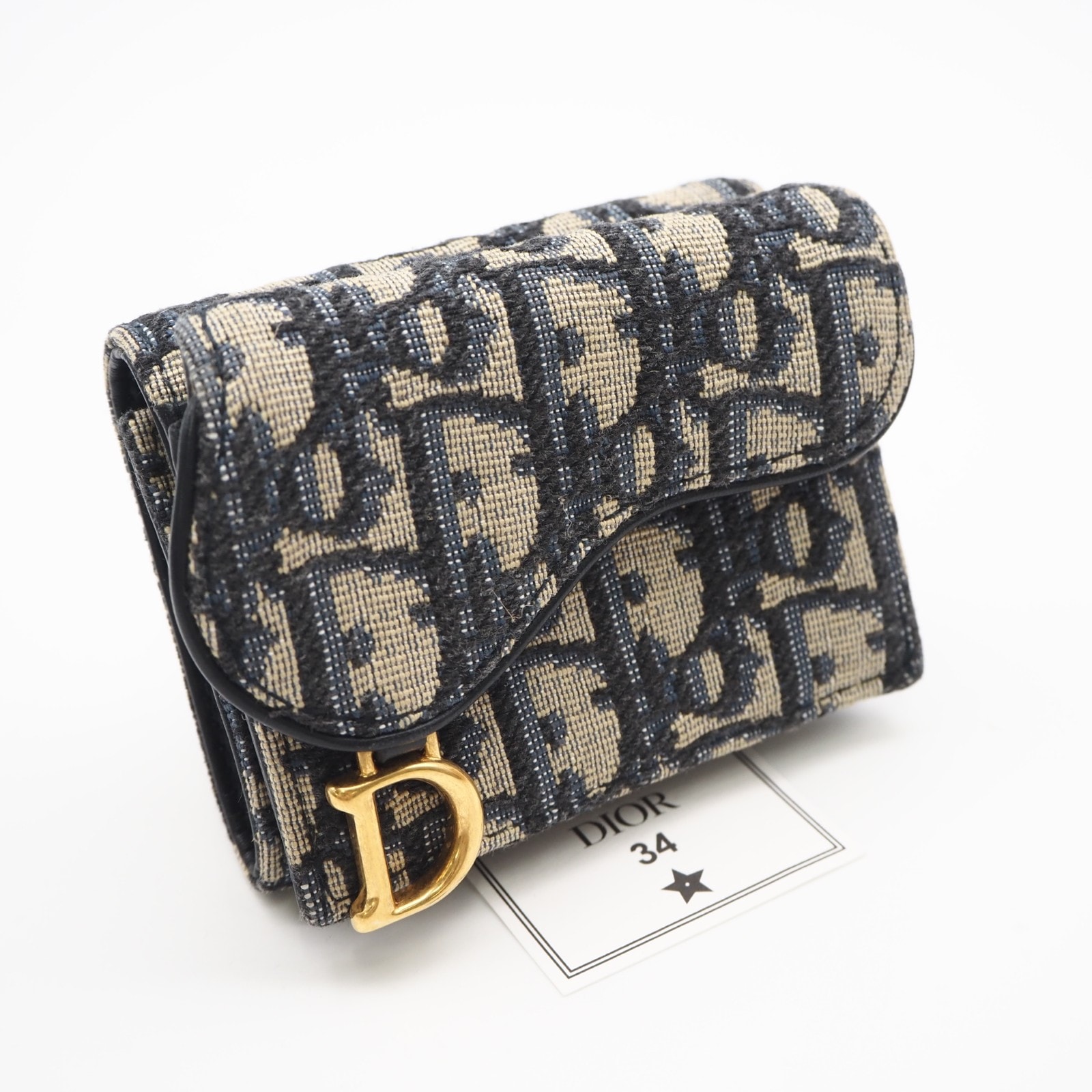 美品 Christian Dior クリスチャンディオール ディオール オブリーク ジャカード サドル コンパクトウォレット - 三つ折り財布 ネイビー ベージュ キャンバス レザー レディース