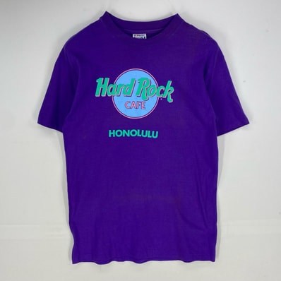 古着 90's/90年代 ヘインズ Hanes USA製 半袖Tシャツ ビッグロゴ シングルステッチ ハードロックカフェ L パープル系 プリント メンズ