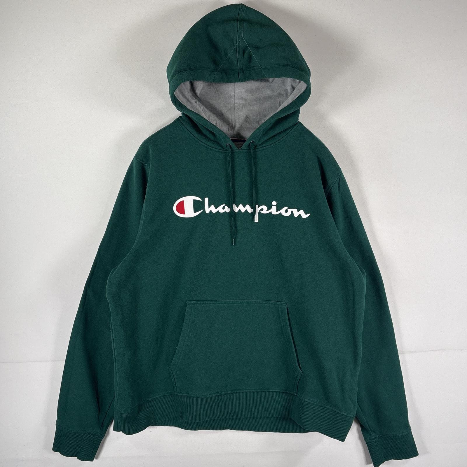 古着 チャンピオン Champion パーカー プルオーバー  スウェット フーディ 大きいサイズ ビッグロゴプリント XL  グリーン メンズ