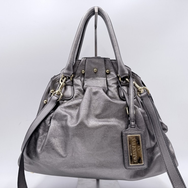 VALENTINO GARAVANI(ヴァレンティノ ガラヴァーニ)スタッズ レザー 2WAY ハンドバッグ/ショルダーバッグ メタリックグレー ゴールドトーン金具 レディース