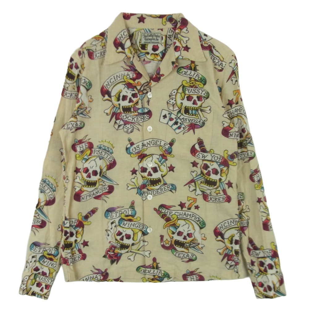 WACKO MARIA ワコマリア CAPTAIN SKULL HAWAIIAN SHIRT LS キャプテン スカル 長袖 フランネル シャツ ベージュ系 S【中古】