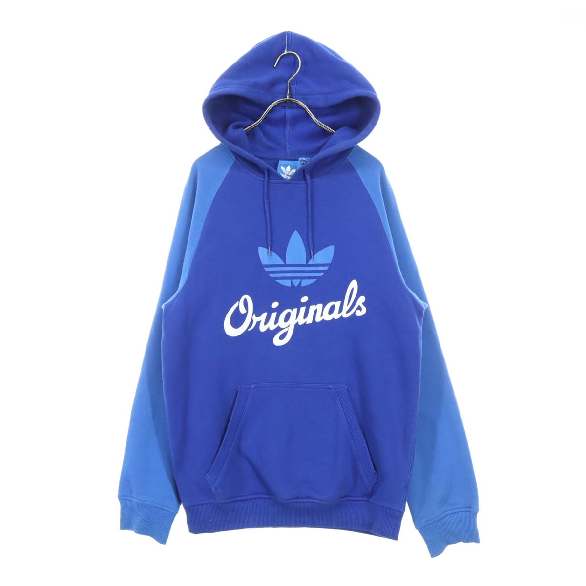 adidas アディダス 裏起毛 フロントプリント 長袖 パーカー S ブルー トレフォイルロゴ
