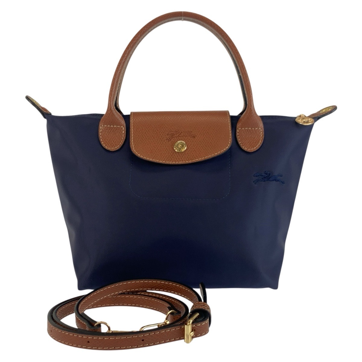 美品 Longchamp ロンシャン ル プリアージュ ネイビー ブラウン ゴールド金具 ナイロン レザー/ トートバッグ ショルダーバッグ 2way 603564 【中古】