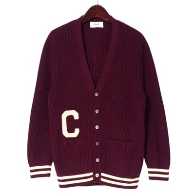 ■美品■CELINE セリーヌ カーディガン サイズS(165/84A) ニット カレッジカーディガン ロゴワッペン コットン ワインレッド/アイボリー イタリア製 ブランド古着【中古】20241121/RA1941