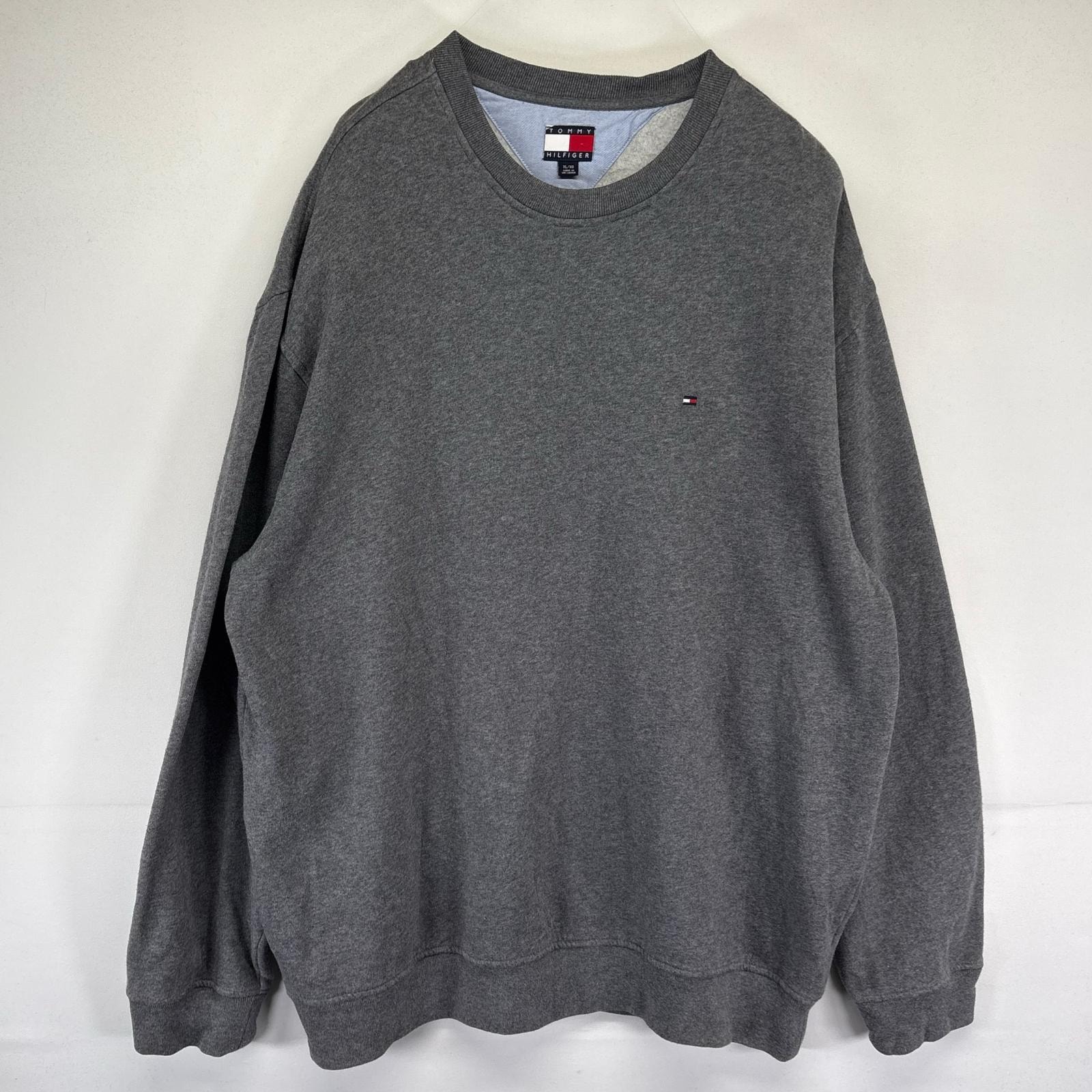 古着 トミーヒルフィガー TOMMY HILFIGER スウェット クルーネック ワンポイント刺繍ロゴ トレーナー 大きいサイズ XL グレー系 メンズ