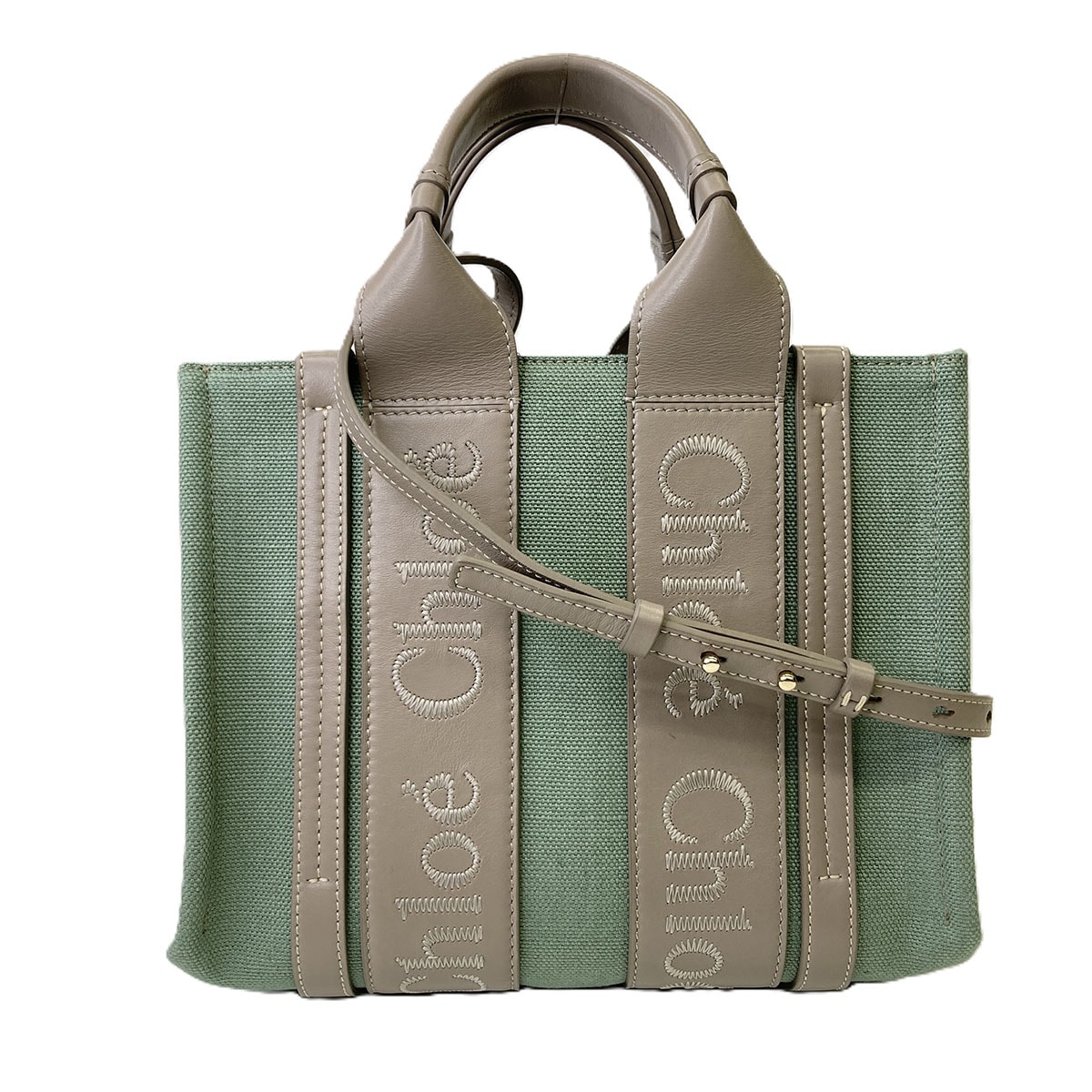 【値下げ】Chloe クロエ ウッディ スモール トートバッグ CHC22WS397J273 キャンバス レザー グリーン ベージュ  レディース【中古】