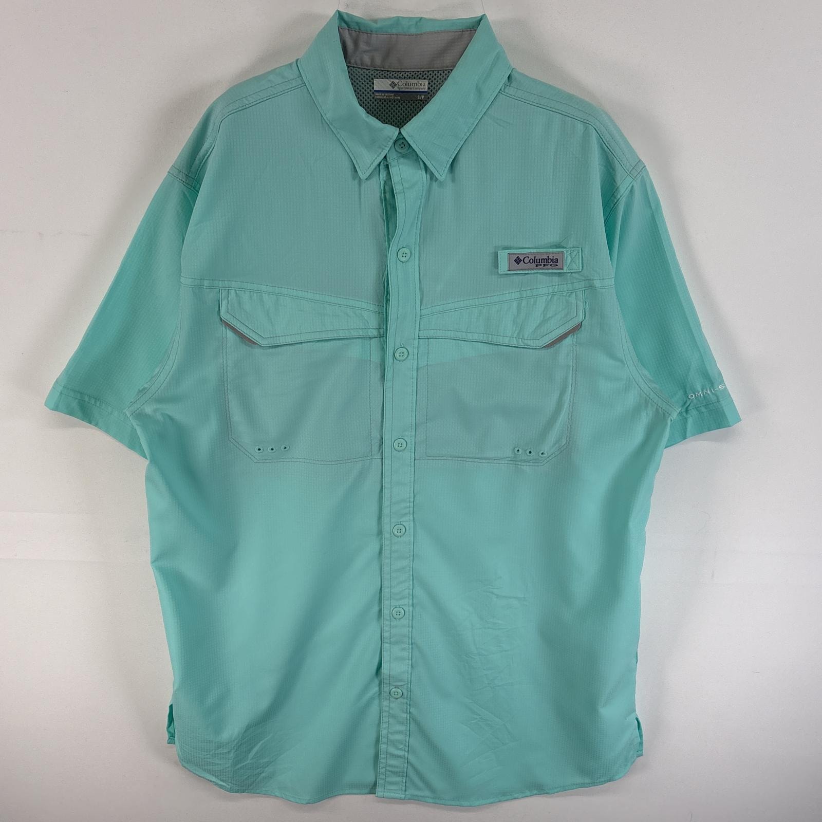 古着 コロンビア Columbia 半袖シャツ 裏地メッシュ PFG 胸ポケ S  水色系 無地 メンズ