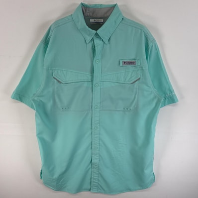 古着 コロンビア Columbia 半袖シャツ 裏地メッシュ PFG 胸ポケ S 水色系 無地 メンズ