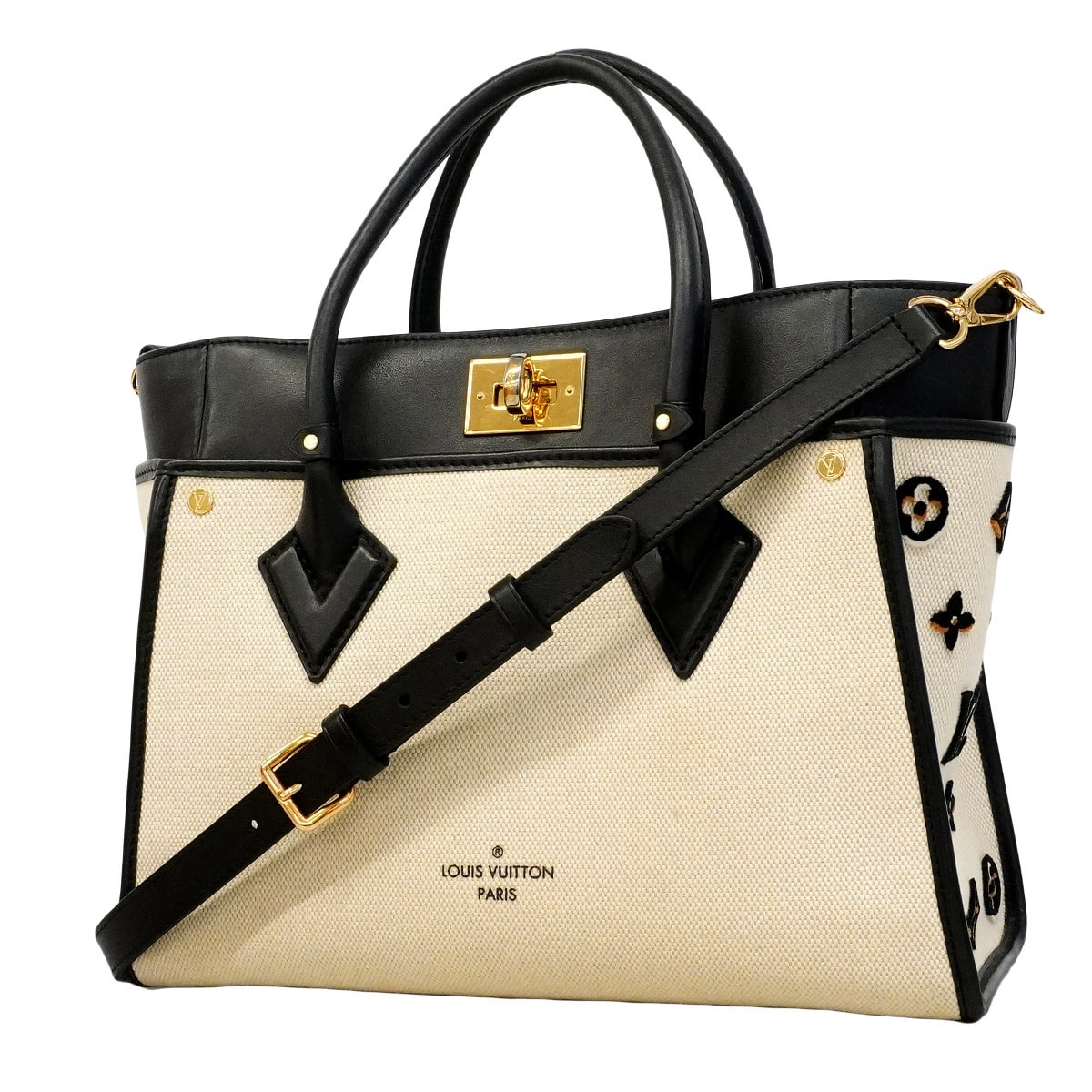 ★最終価格★SALE【6hb1145】ルイヴィトン ハンドバッグ モノグラム・タフタージュ オンマイサイドMM M59842 ブラック オフホワイト 2wayバッグ【中古】レディース