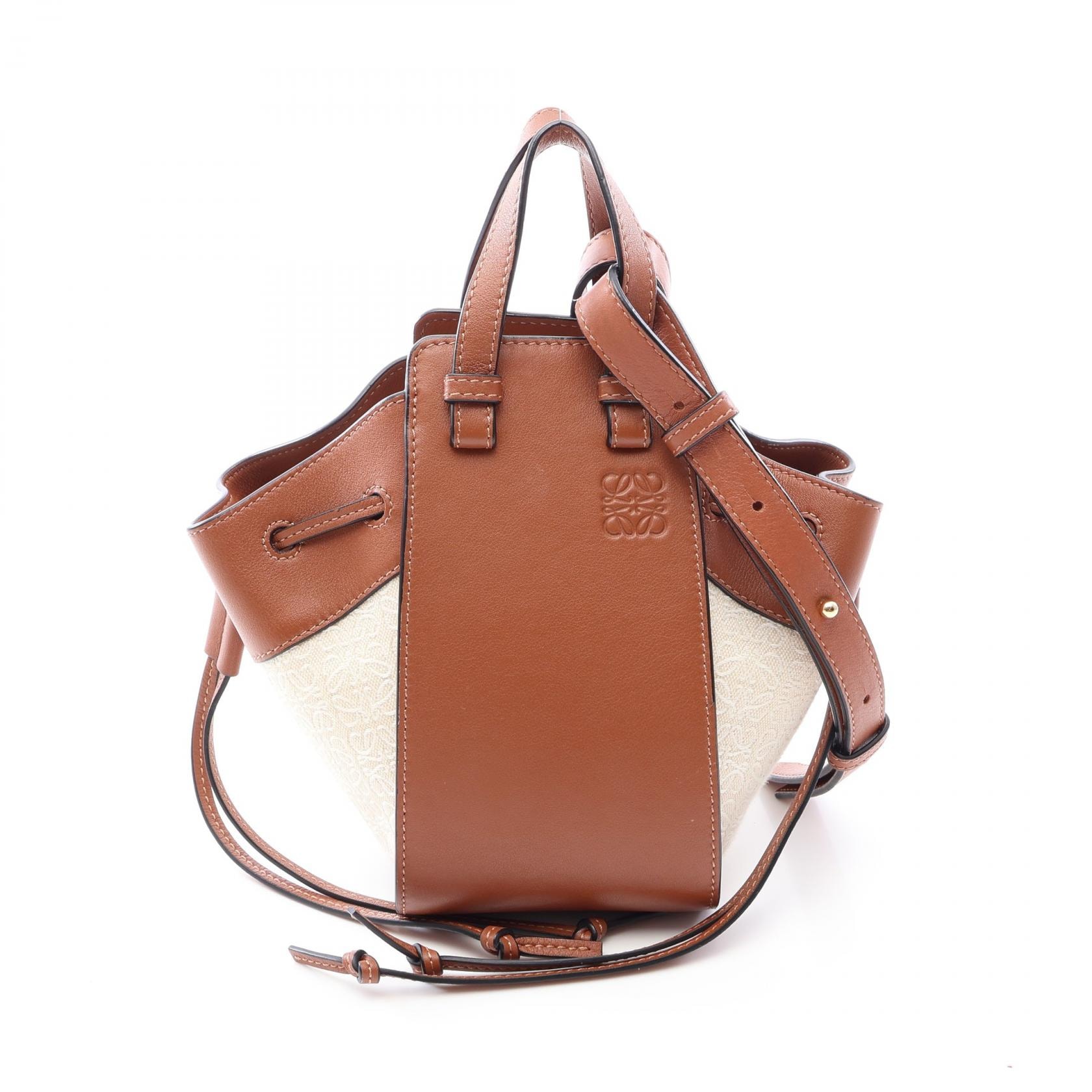 ロエベ LOEWE ハンモック ドローストリングバッグ ミニ 2WAY ハンドバッグ バッグ キャンバスレザー レディース ブラウン系 / アイボリー系 【中古】