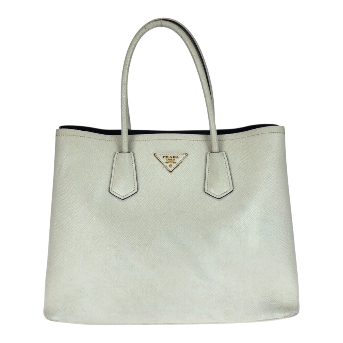 PRADA プラダ サフィアーノ 三角ロゴプレート ホワイト ゴールド金具 レザー トートバッグ ハンドバッグ 505890 【中古】