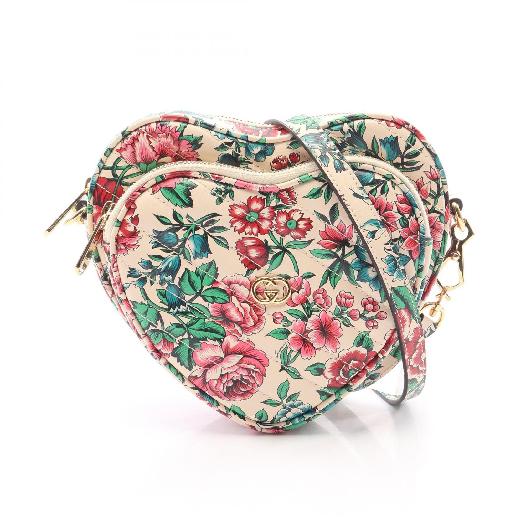 グッチ GUCCI GGマーモント ハート フラワープリント ショルダーバッグ バッグ レザー レディース アイボリー系 / マルチカラー 740355 【中古】