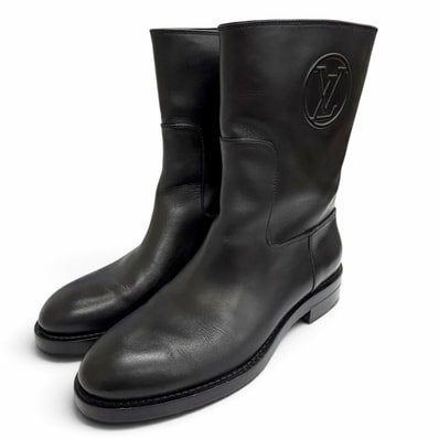 美品 ルイヴィトン LVサークルロゴ ショートブーツ ブラック レザー 37