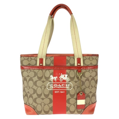 COACH コーチ ヘリテージ シグネチャー ベージュ オレンジ ゴールド金具 PVC トートバッグ ハンドバッグ 600425 【中古】