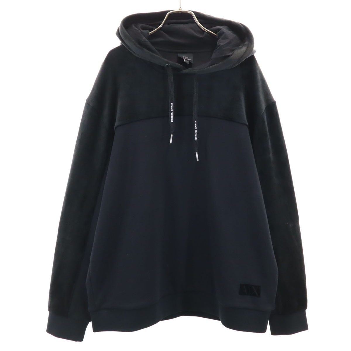 美品 ARMANI EXCHANGE アルマーニエクスチェンジ 長袖 ベロア切替 スウェットパーカー XL ブラック