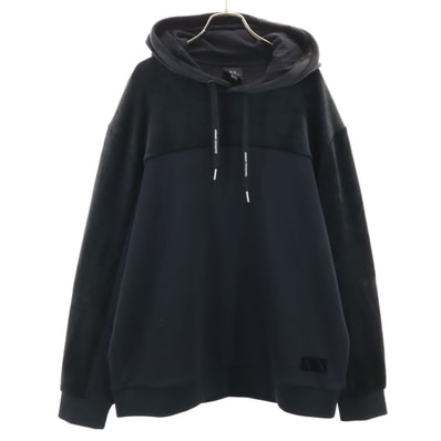 美品 ARMANI EXCHANGE アルマーニエクスチェンジ 長袖 ベロア切替 スウェットパーカー XL ブラック