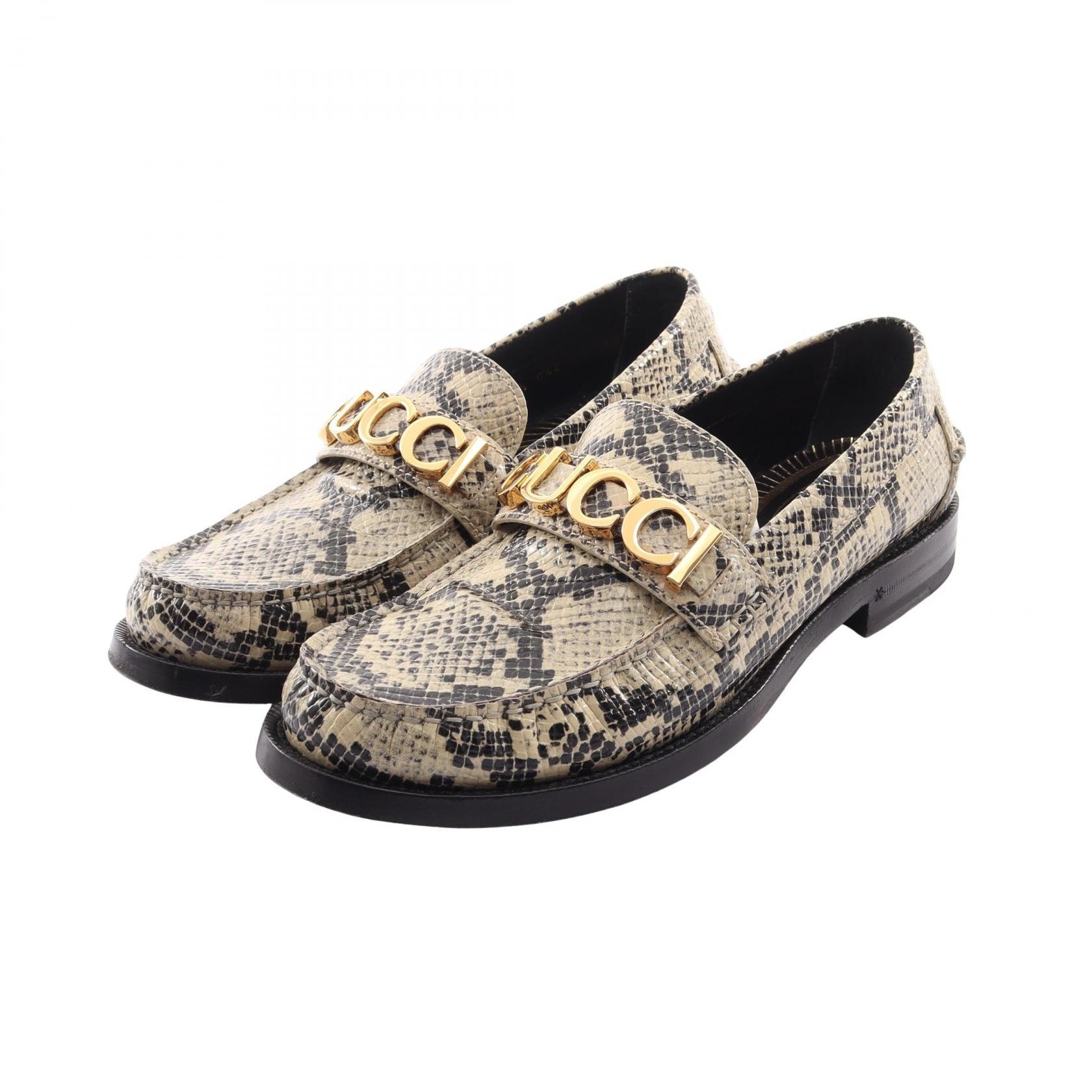 グッチ GUCCI メタルロゴ パイソン型押し ローファー 靴 レザー レディース アイボリー系 / ブラック系 700036 【中古】
