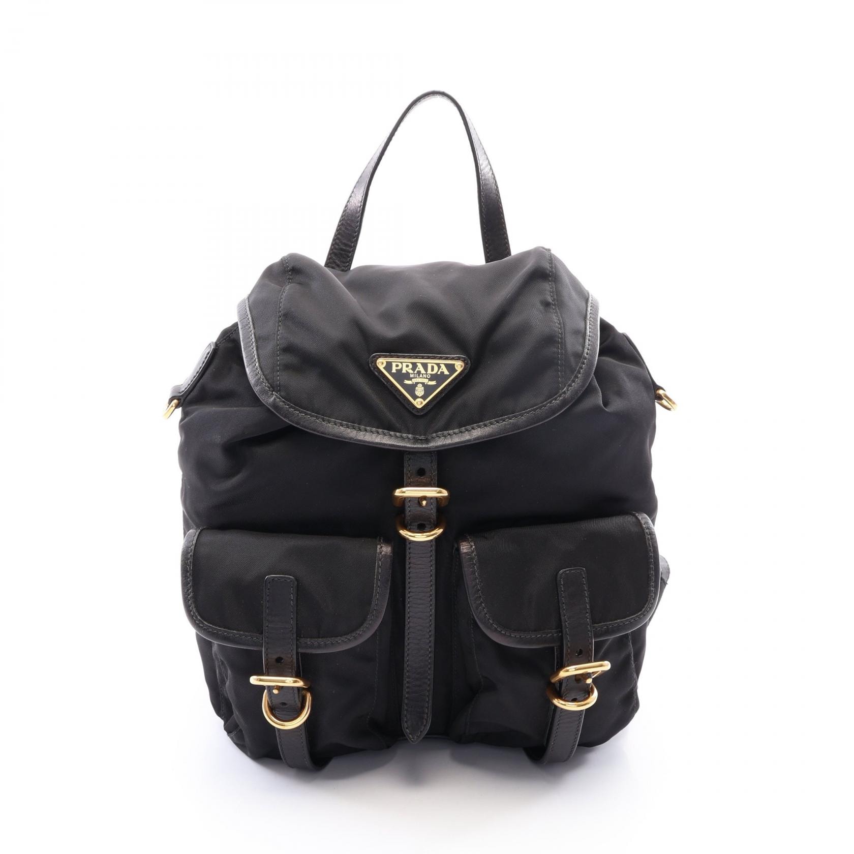 プラダ PRADA TESSUTO + SOFT CALF リュックサック バックパック バッグ ナイロン レザー レディース ブラック系 1BZ677 【中古】