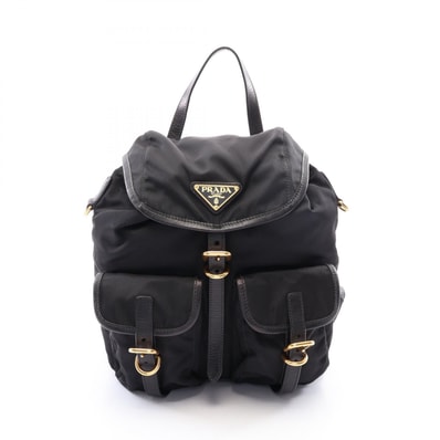 プラダ PRADA TESSUTO + SOFT CALF リュックサック バックパック バッグ ナイロン レザー レディース ブラック系 1BZ677 【中古】