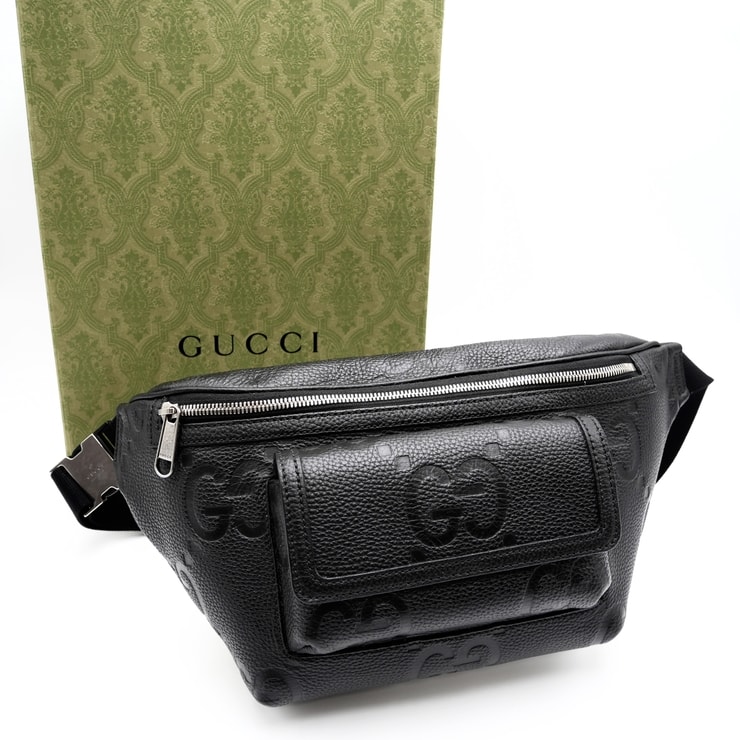 GUCCI(グッチ)ジャンボGG ベルトバッグ ボディバッグ ウエストバッグ ブラック レザー シルバー金具 メンズ【中古】