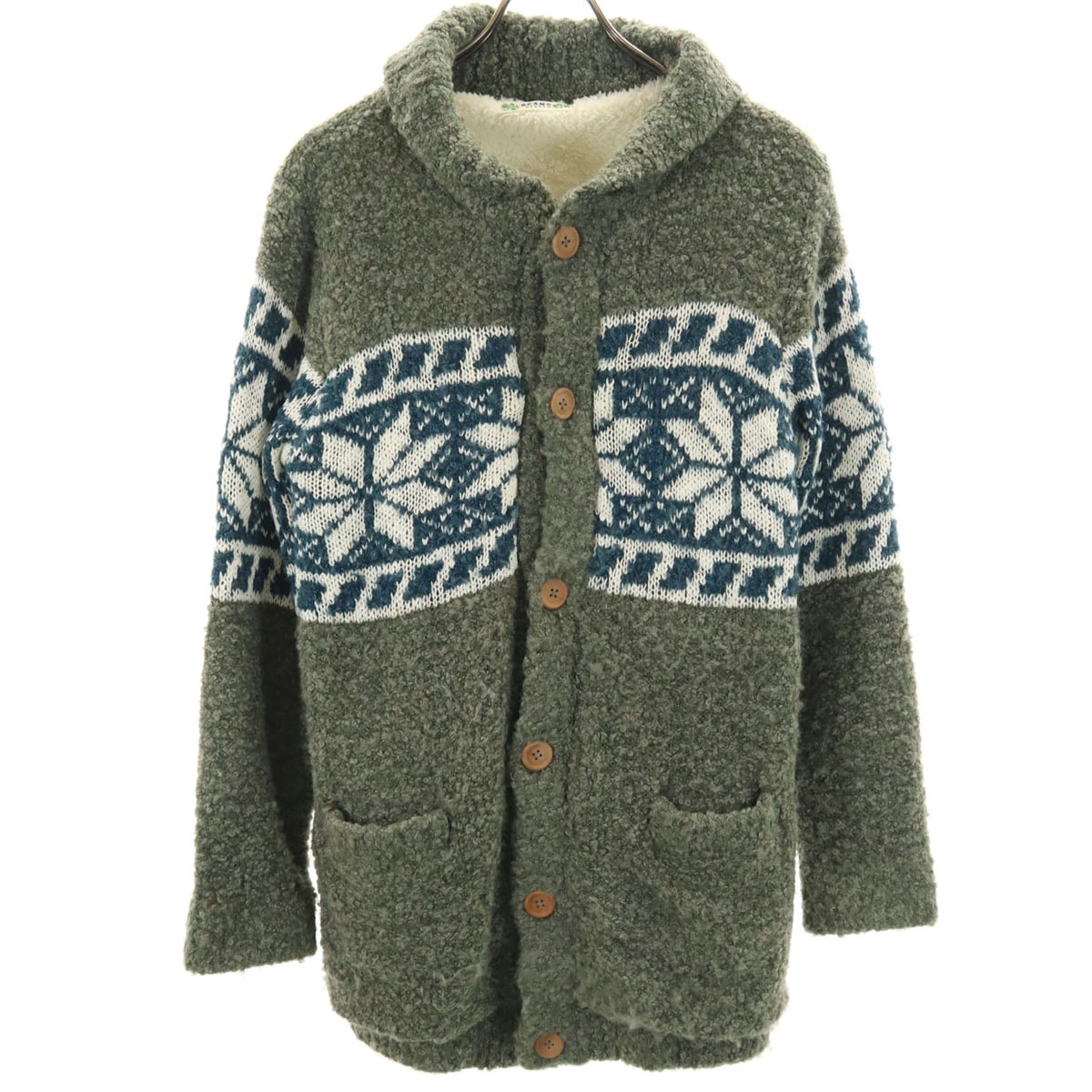 BEAMS HEART ビームスハート ノルディック柄 ブークレ ニットジャケット グレー 裏ボア