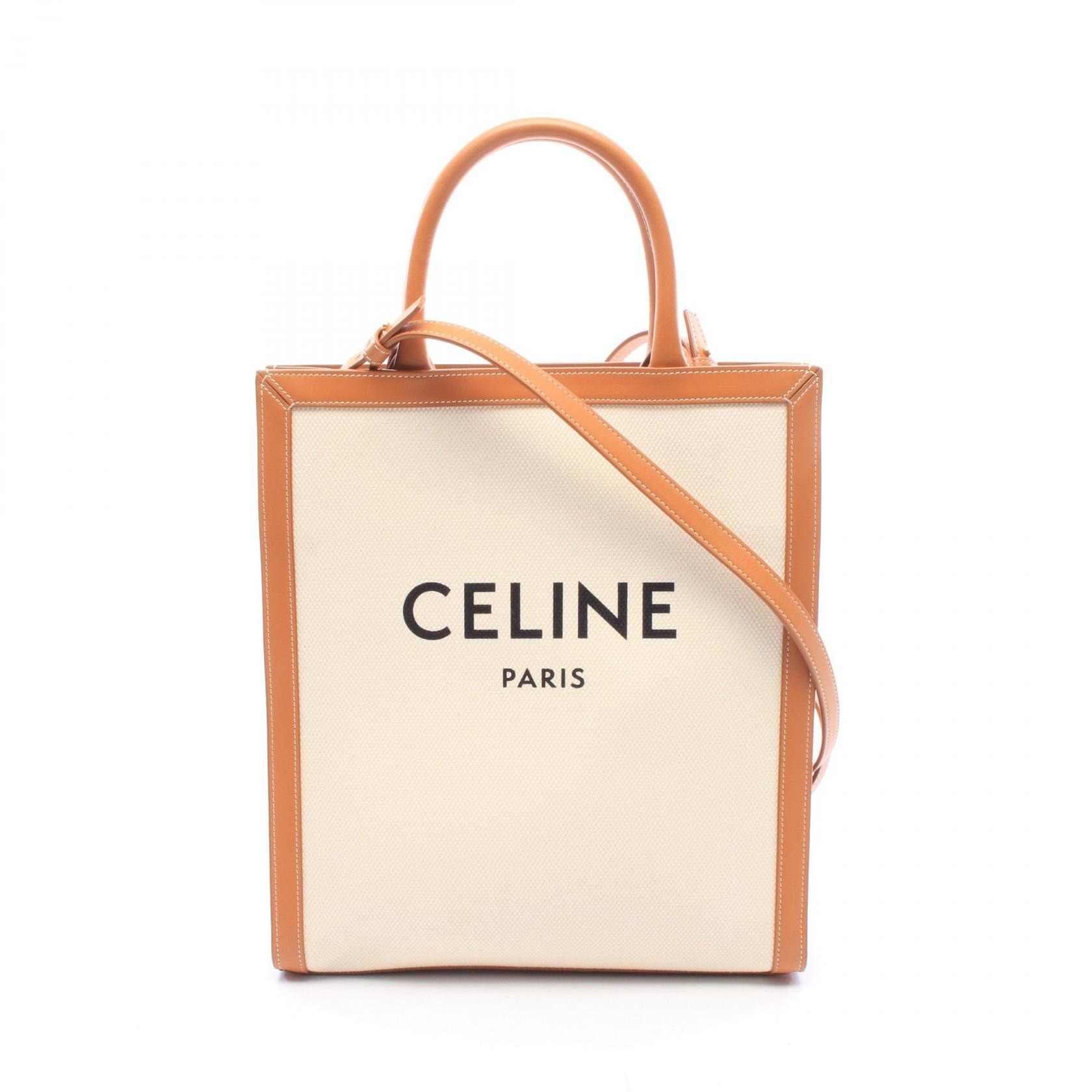 セリーヌ CELINE スモール バーティカル カバ トートバッグ バッグ キャンバス レザー レディース アイボリー系 / ブラウン系 192082BNZ.02NT 【中古】