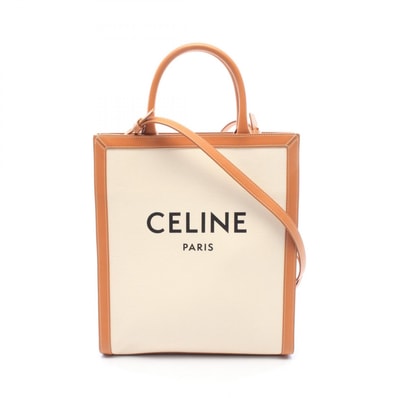 セリーヌ CELINE スモール バーティカル カバ トートバッグ バッグ キャンバス レザー レディース アイボリー系 / ブラウン系 192082BNZ.02NT 【中古】