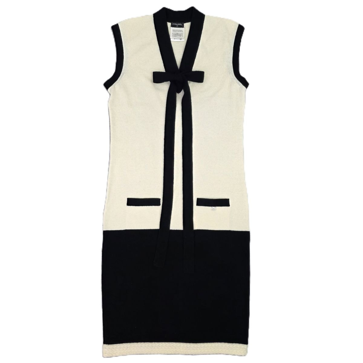 【再値下げ】CHANEL シャネル 薄手 カシミヤ 100% バイカラー リボン ココマーク ワンピース 38 カシミヤ ブラック オフホワイト レディース【中古】